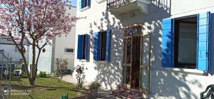 a white house with blue windows and a tree at Mirella's House in Padova