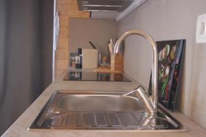 a stainless steel sink in a kitchen counter at Casa da Camélia in São Roque do Pico
