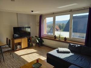 a living room with a couch and a large window at Zwölfenstein mit 3 DTV Sternen ausgezeichnet in Bad Harzburg