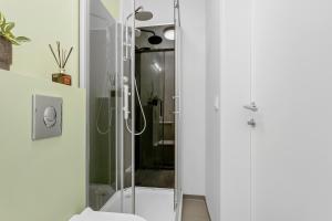 a shower with a glass door in a bathroom at ASKA Hraun in Hafnarfjörður