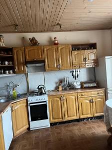 a kitchen with wooden cabinets and a white stove top oven at Villa Maria in Slavske