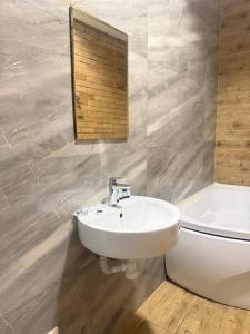 a bathroom with a sink and a toilet and a mirror at INFINITY Hotel&Spa in Almaty +14 photos