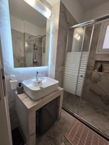 ein Badezimmer mit Waschbecken und Dusche mit Spiegel in der Unterkunft NeliFlat in Lefkandi Chalkida + 35 Fotos