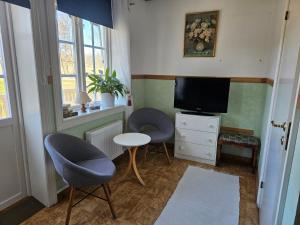 a living room with two chairs and a television at Spa For Hjo in Hjo