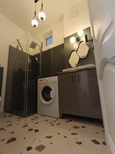 a laundry room with a washing machine and a shower at Zion Central Apartment in Satu Mare