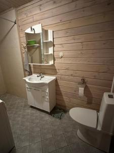 a bathroom with a white toilet and a sink at Pihlamäe holiday house in Aruvalla +12 photos