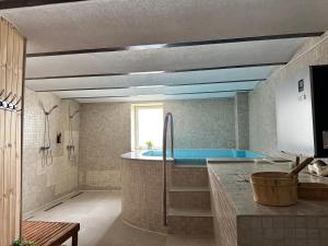a kitchen with a bath tub and a sink at La Romică in Mediaş