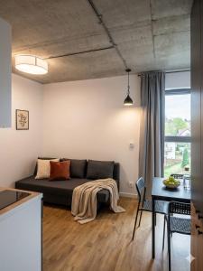 a living room with a couch and a table at Apartamenty Silver Place in Szczecin
