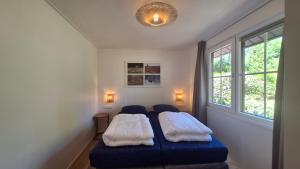 two beds in a room with two windows at Bungalow type Korhoen 4p in Otterlo +55 photos