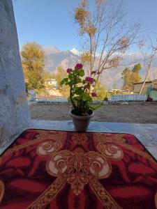a vase with flowers sitting on top of a rug at The Explorer's Den in Munsyari