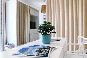 a table with a potted plant on top of it at Azure Bay Residence in Balatonfenyves