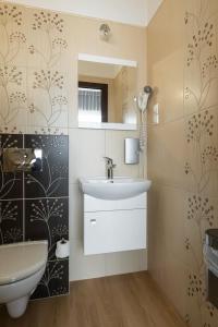 a bathroom with a sink and a mirror at Leszczynowy Dworek in Gdańsk