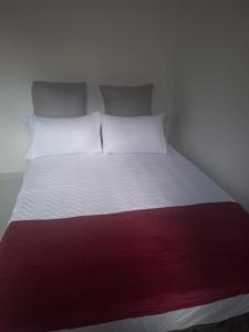 a white bed with white pillows and a colorful blanket at Rose's Garden Cottages in Lusaka +9 photos