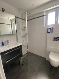 a bathroom with a shower and a sink and a toilet at Paisible in La Celle-sous-Gouzon