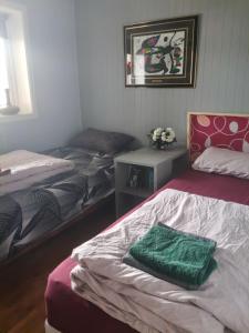 a bedroom with two beds and a green pillow on the bed at Paradis in Nord-Lenangen