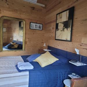 a bedroom with a blue bed with a mirror at La Lézardière in Saint-Germain-sur-École