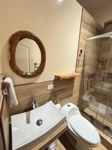 a bathroom with a toilet and a sink and a shower at Terrazas 3400 Lodge in Oxapampa