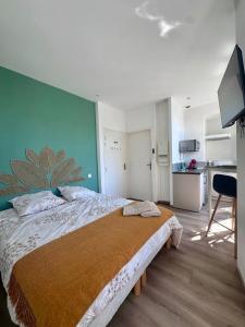 a bedroom with a large bed with a green wall at Les suites du pont Joffre in Perpignan