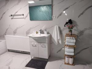 a white bathroom with a sink and a mirror at Casa AIDA in Peşteana +47 photos