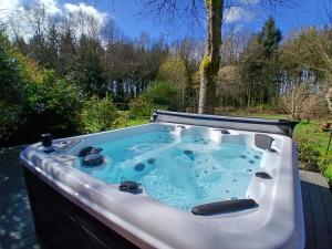 a jacuzzi tub in a backyard with blue water at Le Temple Ysambre in Malansac +9 photos