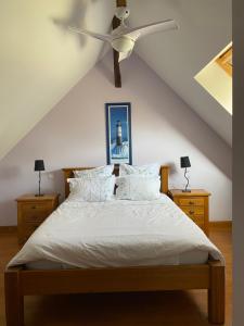 a bedroom with a bed with a ceiling fan at Cottage de La Mothe in Marnac +114 photos