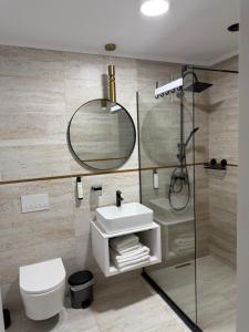 a bathroom with a toilet and a sink and a shower at Elbram House in Dubova +22 photos