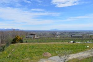 a grassy hill with a farm in the distance at Casa Piutin, appartamento Bucaneve in Bagnolo Piemonte