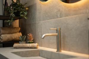 a bathroom sink with a faucet and some plants at MariZot Apartment in Alexandroupoli +53 photos