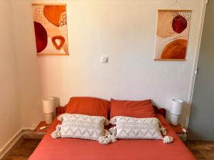 a bed with two pillows on it in a room at Gîte Le Sallèles in Sallèles-dʼAude
