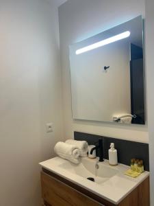 a bathroom with a sink with a large mirror at Anse Marcel Cove Suites in Anse Marcel 