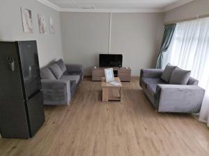 a living room with two couches and a tv at Langpad Self Catering in Frankfort