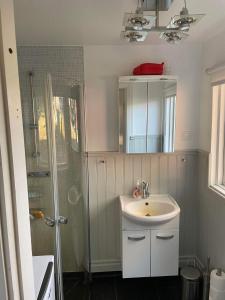 a bathroom with a sink and a shower at Stunning Waterfront Property in the Outer Archipelago in Kyrkkobben +58 photos