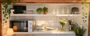 a kitchen with a microwave and plates and plants at Rus en Vrede BackPackers Cottage! in Knysna +4 photos