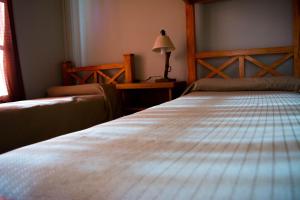 a bedroom with a bed and a lamp and a window at Hotel de Campo Calingasta in Calingasta