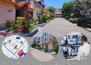 two pictures of a man looking at a street at hotel taymi in Trujillo