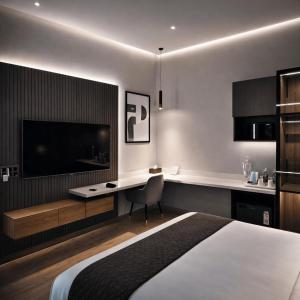 a bedroom with a bed and a desk and a television at "Earthy Couple Retreat Near Taj Mahal" Private Spa Jacuzzi in Agra