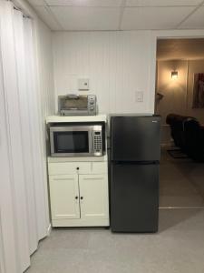 a kitchen with a microwave and a refrigerator at Oasis de la rivière in Saguenay