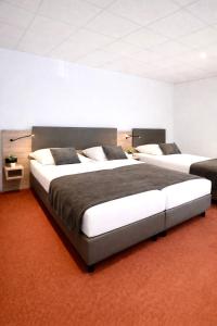 zwei große Betten in einem Zimmer mit rotem Teppich in der Unterkunft Hotel Vorburg - Free Parking - Bei Hamburg in Trittau