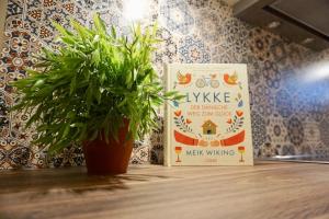 a plant sitting on a table next to a book at Lykke in Wrixum