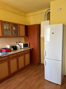 a kitchen with a white refrigerator and wooden cabinets at Szekcsői Kuckó in Kaposszekcső +3 photos