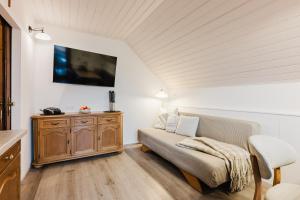 ein Wohnzimmer mit Sofa und Fernseher in der Unterkunft Trippolthof in Prebl