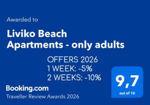 a blue screen with the wordsiane beach apartments only adults offers week at Liviko Beach Apartments - only adults in Frangokastello +53 photos