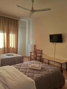 a hotel room with two beds and a flat screen tv at IZEΛA Hotel in Kala Nera