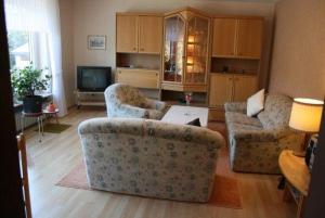 a living room with two couches and a tv at Haus-Schneider-grosse-Ferienwohnung in Wolfshagen