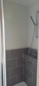 a bathroom with a shower with brown tile at Relais Saint-Laurent - Chevreuse in Chevreuse +14 photos
