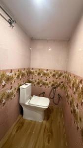 a bathroom with a toilet with flowers on the wall at Utkarsh Palace And Restaurant in Ayodhya Ghā +19 photos