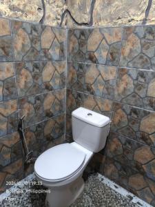 a bathroom with a toilet in a stone wall at Farmhouse With Ocean View in Bolinao +59 photos