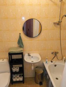 a bathroom with a sink and a toilet and a mirror at Studio, Fireplace, Super location, Free Parking in Tallinn