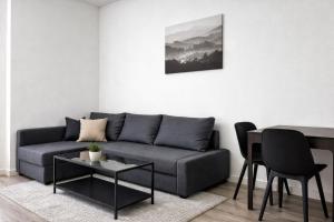 a living room with a couch and a table at MIILOX Apartments Chemnitz Hainstrasse in Chemnitz