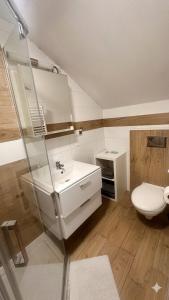 a bathroom with a white sink and a toilet at Apartamenty W Domu in Białystok +80 photos